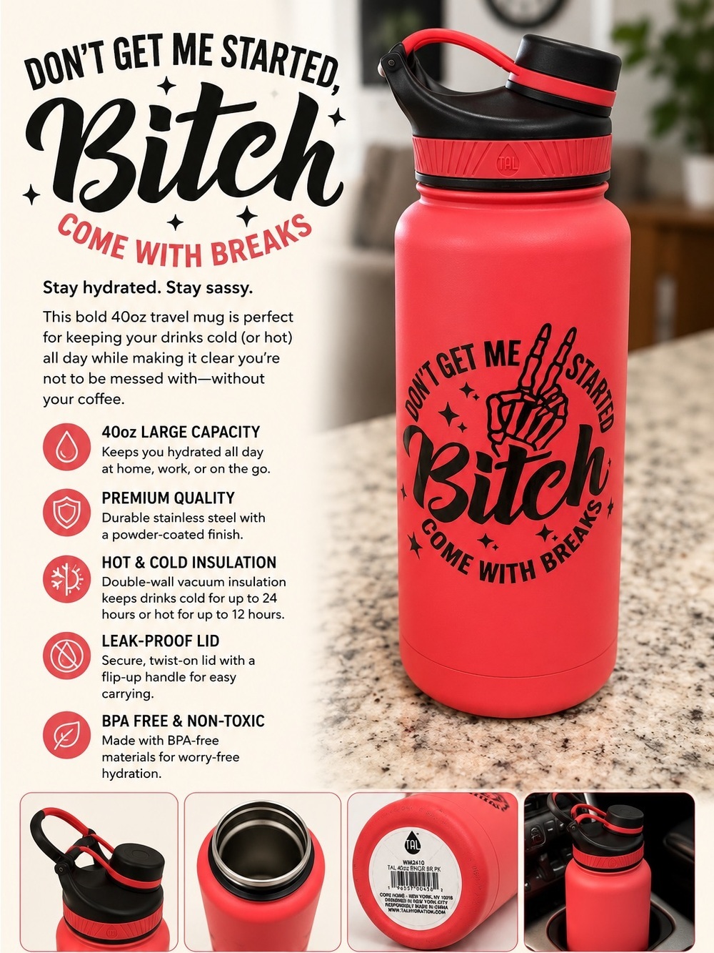Hand Crafted Coral Pink Insulated Water Bottle with Black Lid and Accent